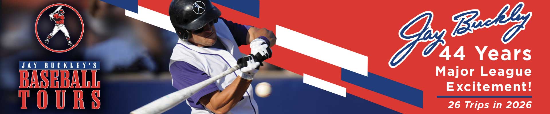 Jay Buckley's Baseball Tours interior header image for 2026 trips.