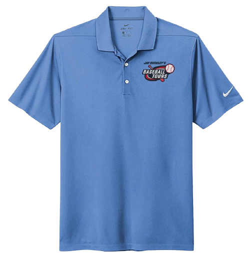 Jay Buckley Baseball Tours blue polo shirt.